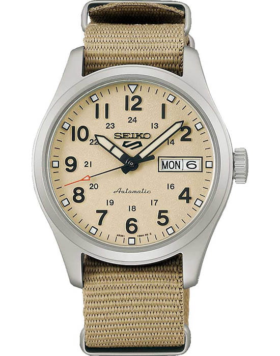 Seiko Seiko 5 Sports SRPJ83K1  SRPJ83K1 механические мужские часы бежевый циферблат, браслет тканевый — вид спереди