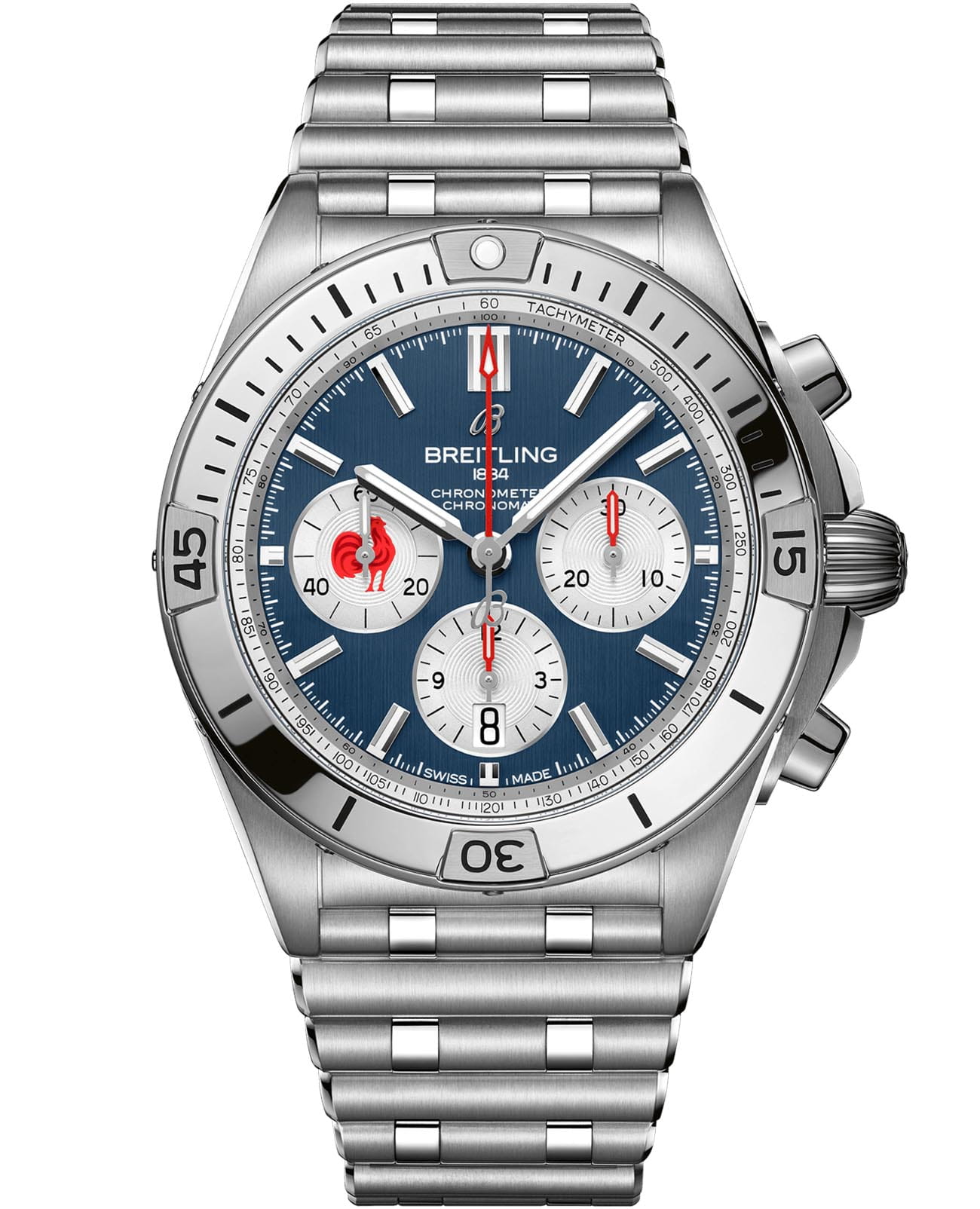 Breitling Breitling Chronomat B01 42 Six Nations France AB0134A81C1A1  AB0134A81C1A1 механические мужские часы синий циферблат, браслет нержавеющая сталь — вид спереди