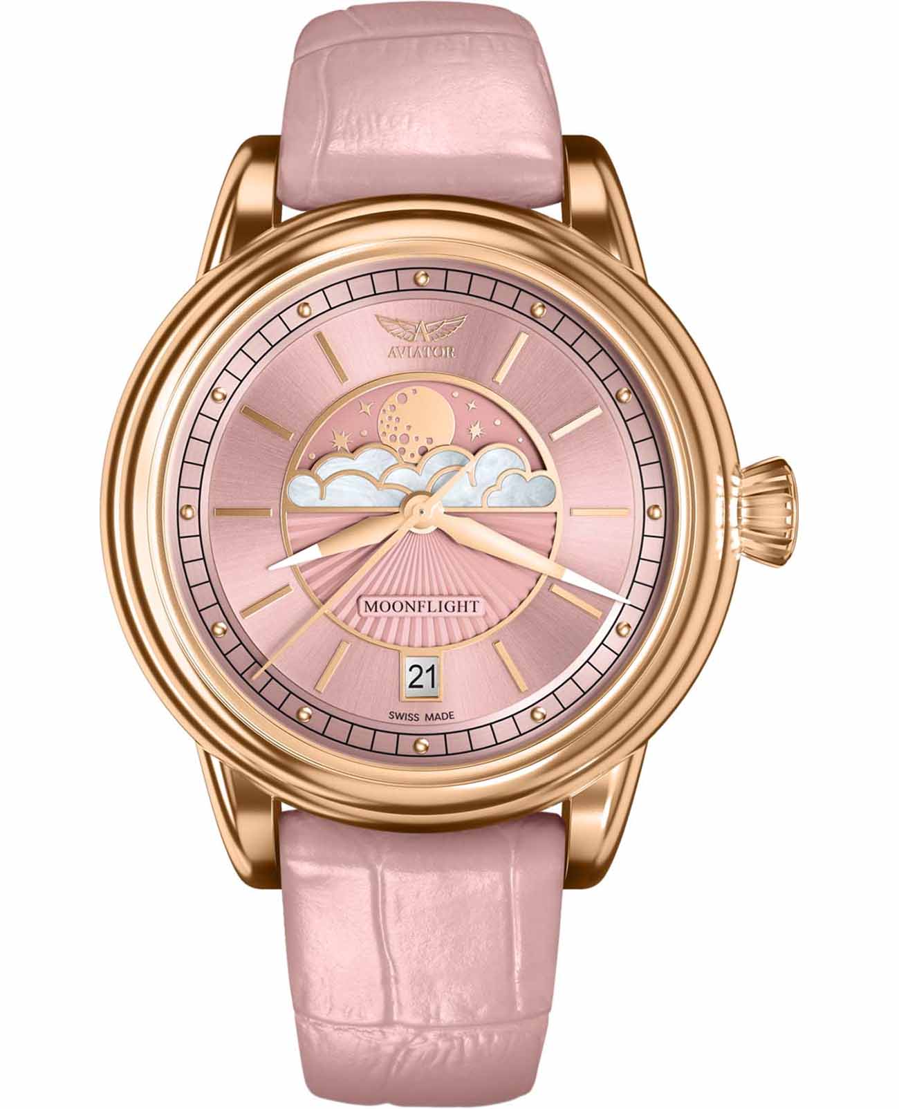 Aviator Aviator Douglas MoonFlight V.1.33.2.258.4  V.1.33.2.258.4 кварцевые женские часы розовый циферблат, браслет кожаный — вид спереди