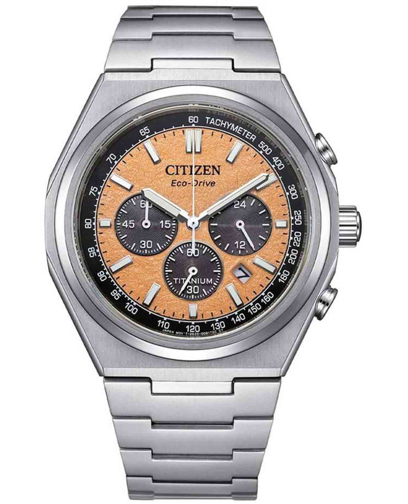 Citizen Citizen Eco-Drive CA4610-85Z  CA4610-85Z кварцевые мужские часы оранжевый циферблат, браслет титановый — вид спереди