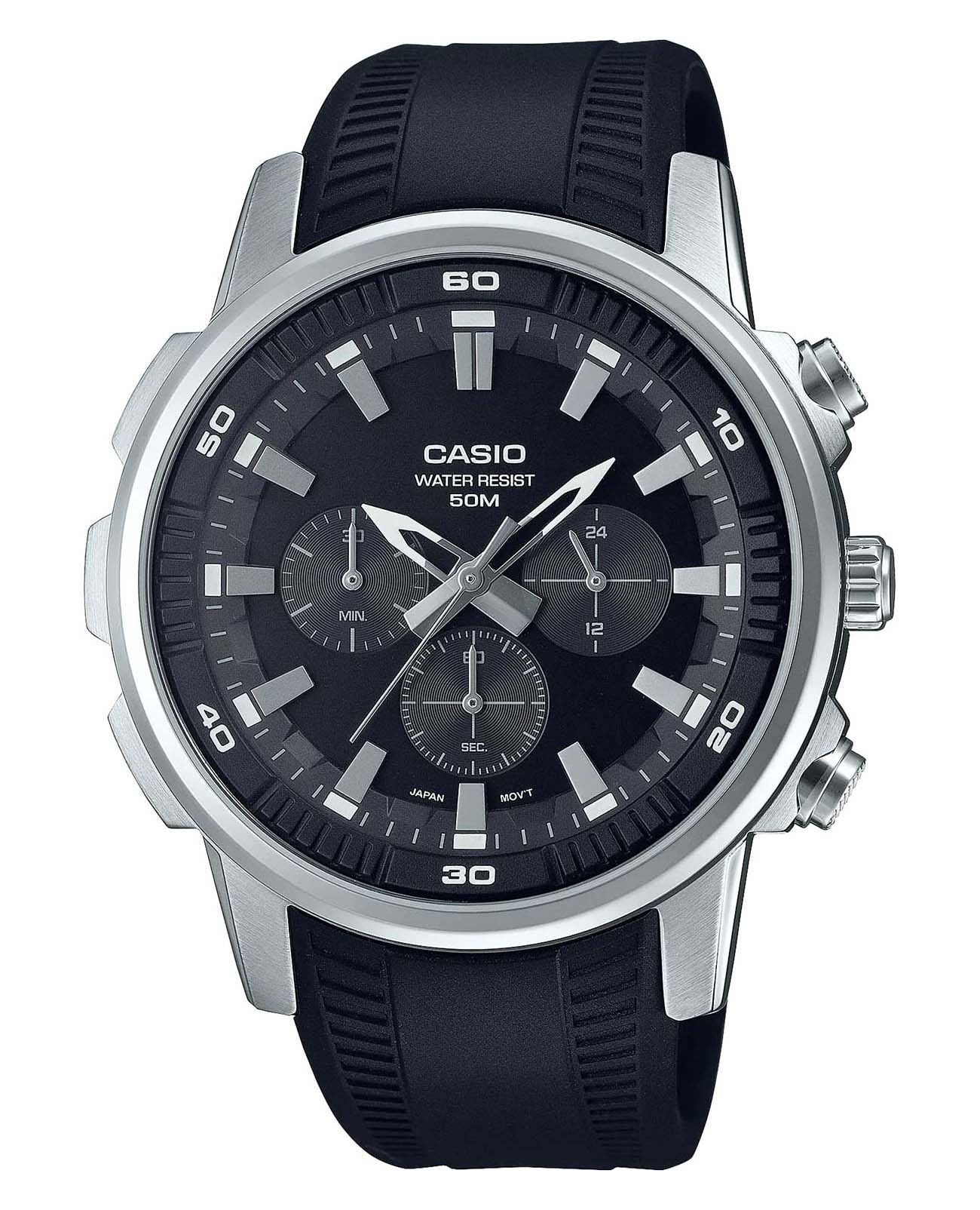 Casio Casio Collection MTP-E505-1A  MTP-E505-1A кварцевые мужские часы черный циферблат, браслет пластик — вид спереди