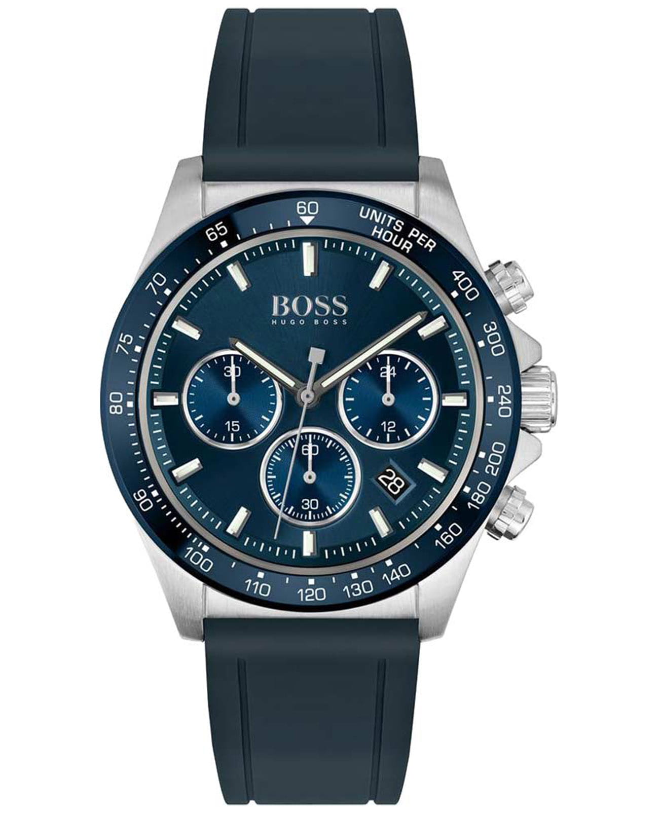 Hugo Boss HB 1513873  HB1513873 кварцевые мужские часы синий циферблат, браслет силикон — вид спереди