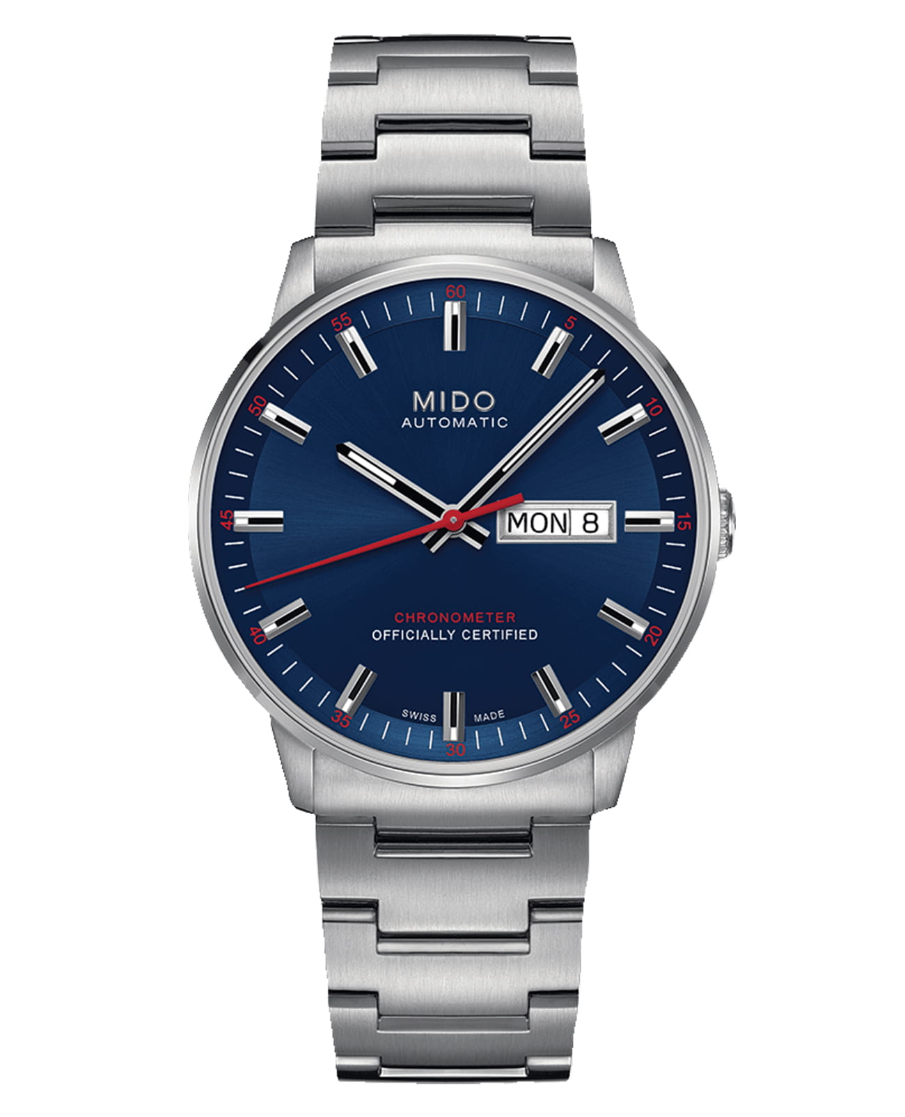 Mido Mido Commander Chronometer M021.431.11.041.00  M0214311104100 механические мужские часы синий циферблат, браслет нержавеющая сталь — вид спереди