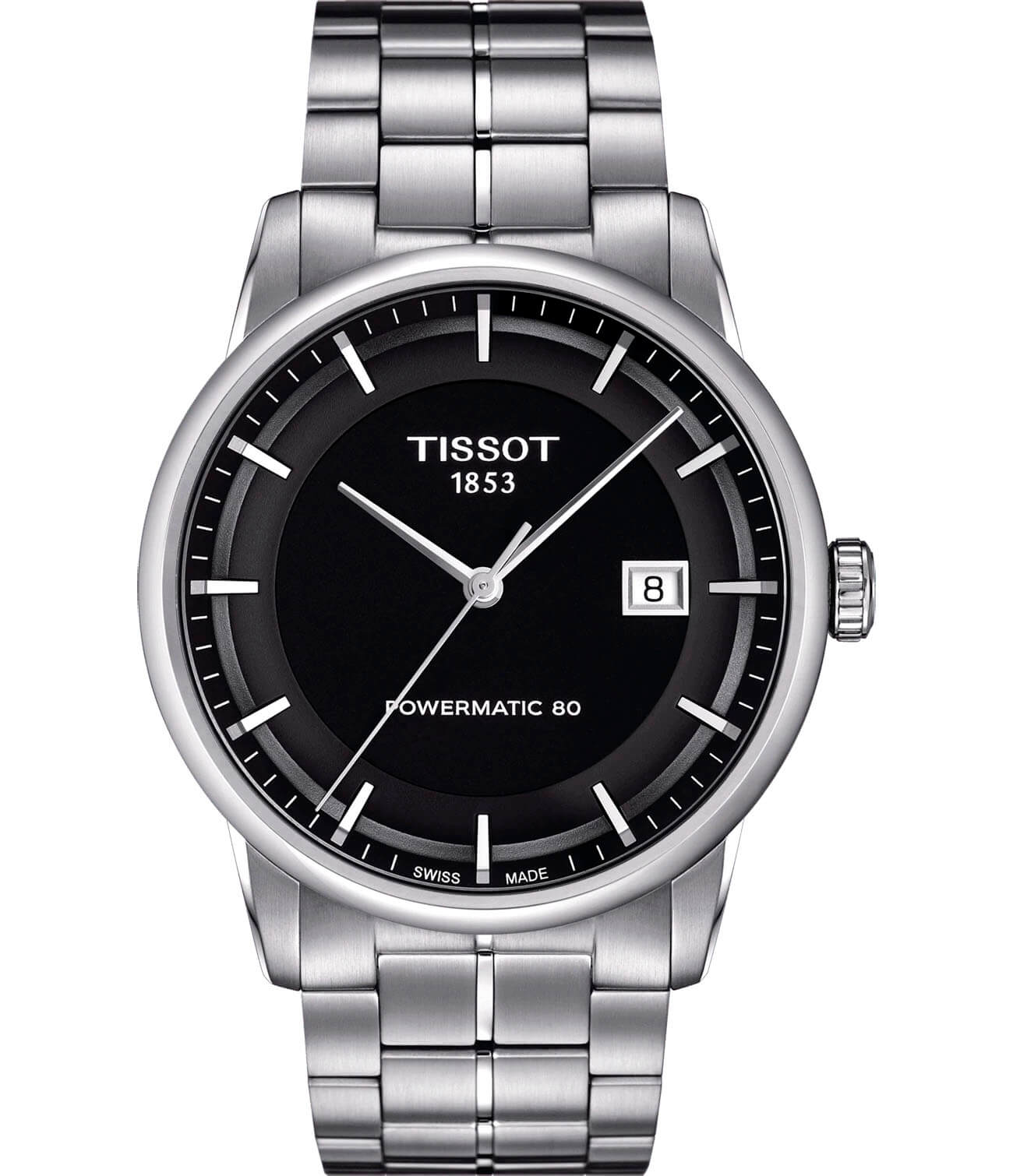 Tissot Tissot Luxury Powermatic 80 T086.407.11.051.00  T0864071105100 механические мужские часы черный циферблат, браслет нержавеющая сталь — вид спереди