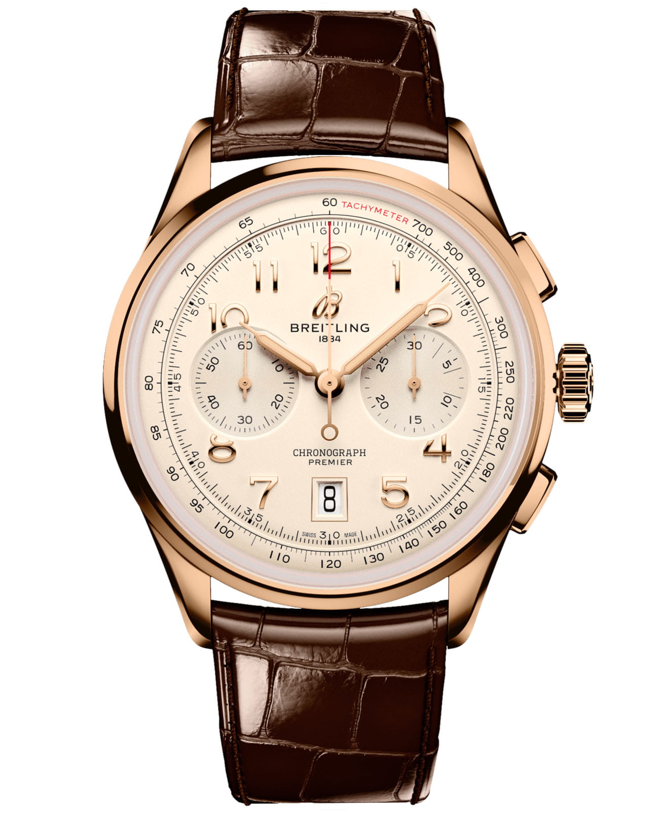 Breitling Breitling Premier B01 Chronograph 42 RB0145371G1P1  RB0145371G1P1 механические мужские часы шампань циферблат, браслет кожаный — вид спереди