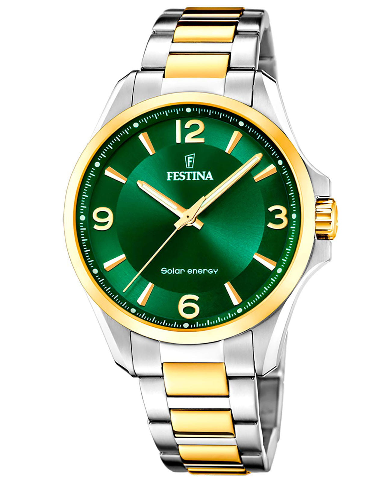 Festina Festina Solar F20657/3  F20657/3 кварцевые мужские часы зеленый циферблат, браслет сталь c pvd покрытием — вид спереди
