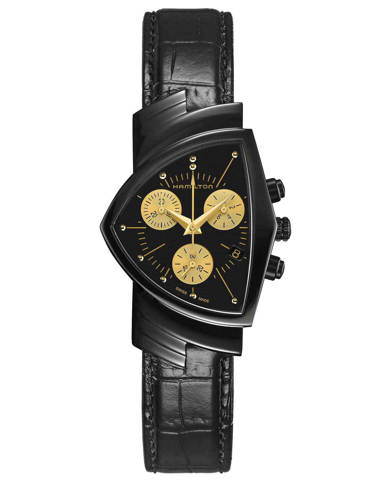 Hamilton Hamilton Ventura L Chrono Quartz H24402730  H24402730 механические мужские часы черный циферблат, браслет кожаный — вид спереди