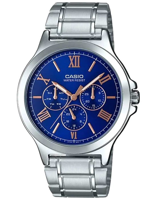 Casio Casio Collection MTP-V300D-2AUDF (MTP-V300D-2A)  MTP-V300D-2A кварцевые мужские часы синий циферблат, браслет нержавеющая сталь — вид спереди