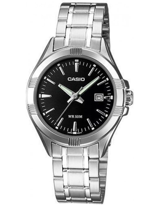 Casio Casio LTP-1308D-1A  LTP-1308D-1A кварцевые женские часы черный циферблат, браслет нержавеющая сталь — вид спереди