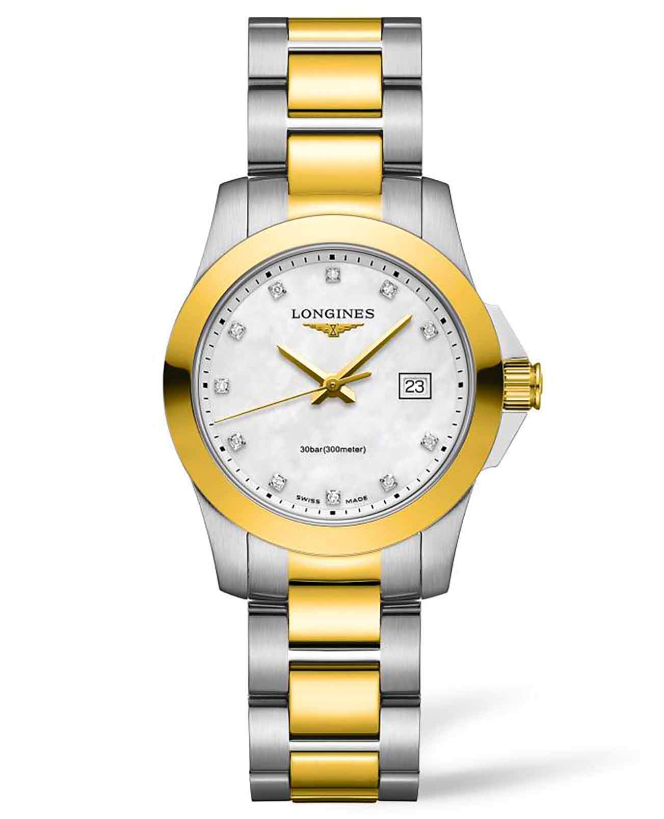 Longines Longines Conquest L3.376.3.87.7  L33763877 кварцевые женские часы перламутровый циферблат, браслет сталь c pvd покрытием — вид спереди