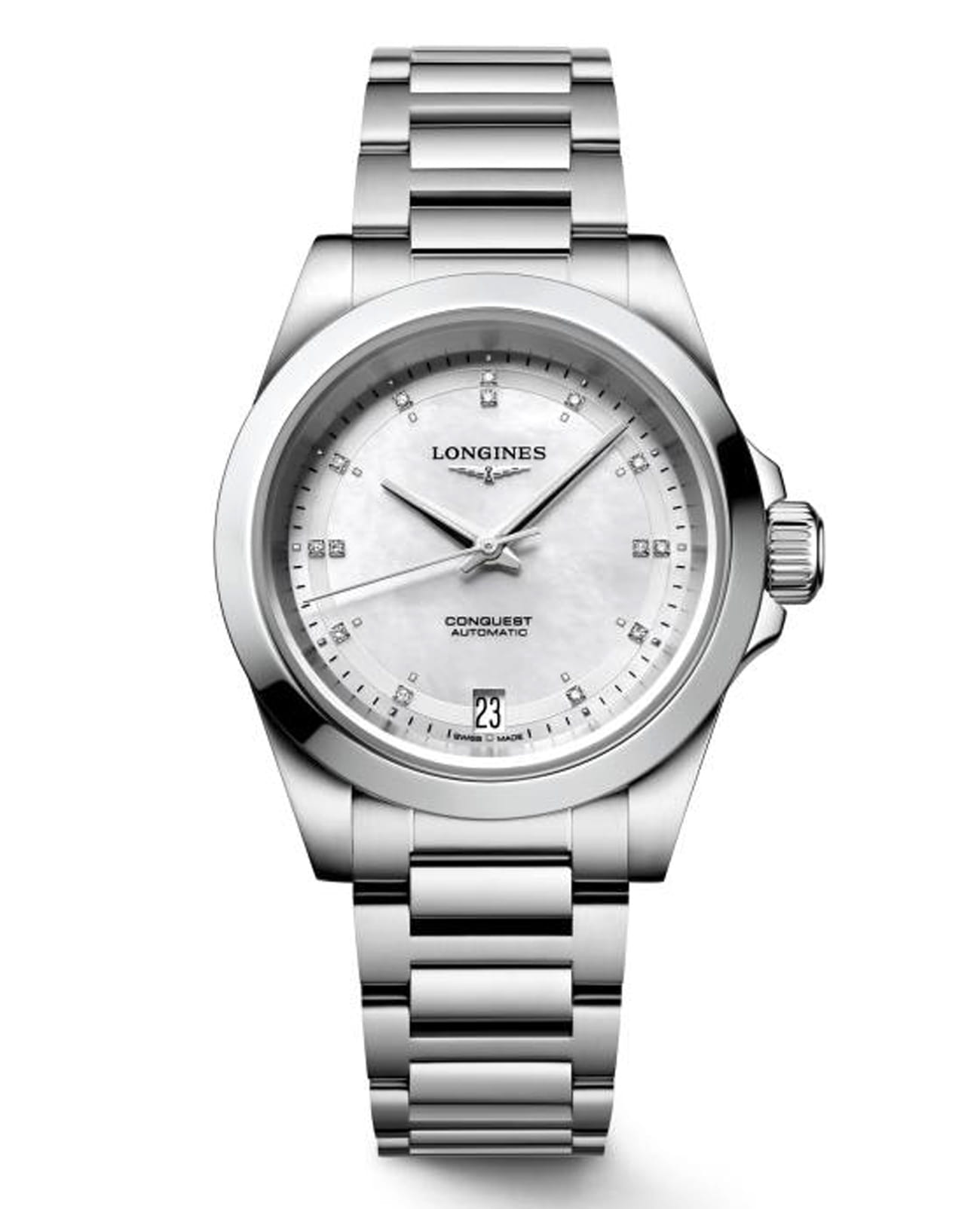 Longines Longines Conquest L3.430.4.87.6  L34304876 механические женские часы бежевый циферблат, браслет нержавеющая сталь — вид спереди
