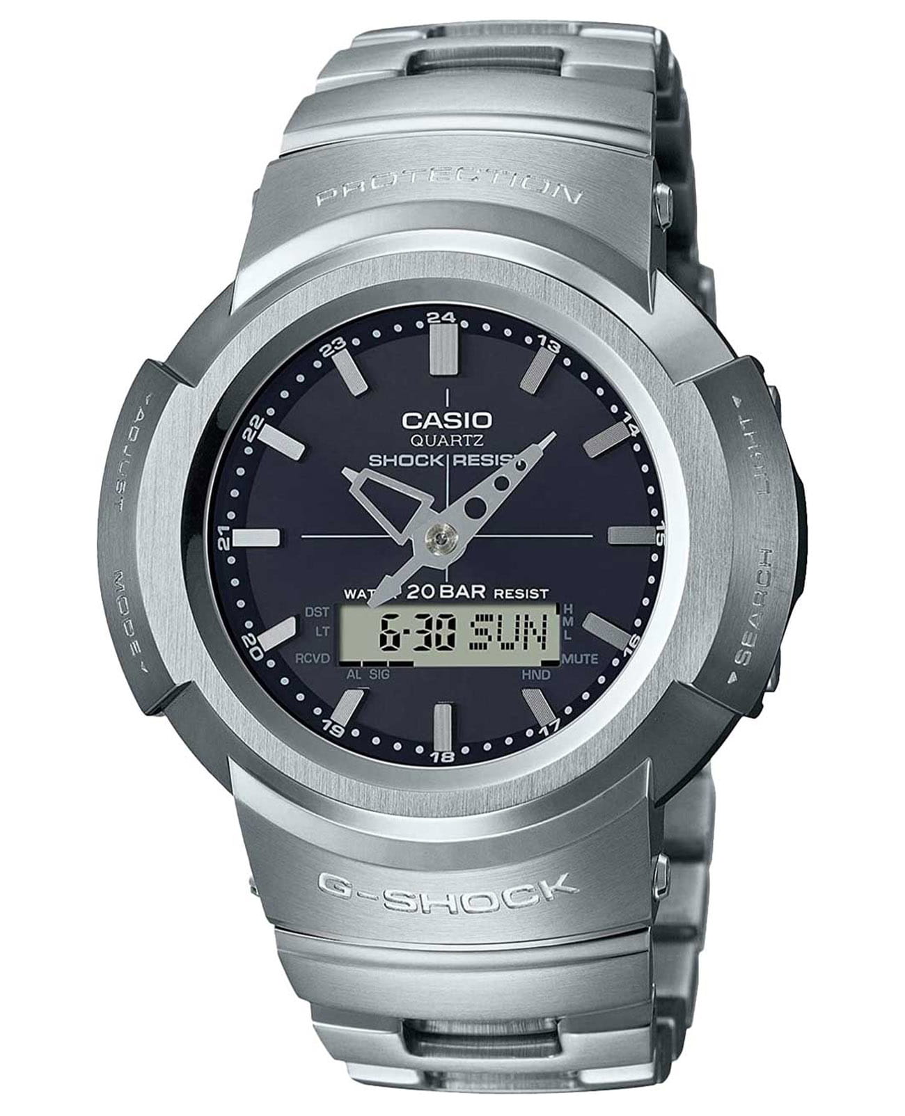 Casio Casio G-Shock AWM-500D-1ADR (AWM-500D-1A)  AWM-500D-1A электронные мужские часы черный циферблат, браслет нержавеющая сталь — вид спереди