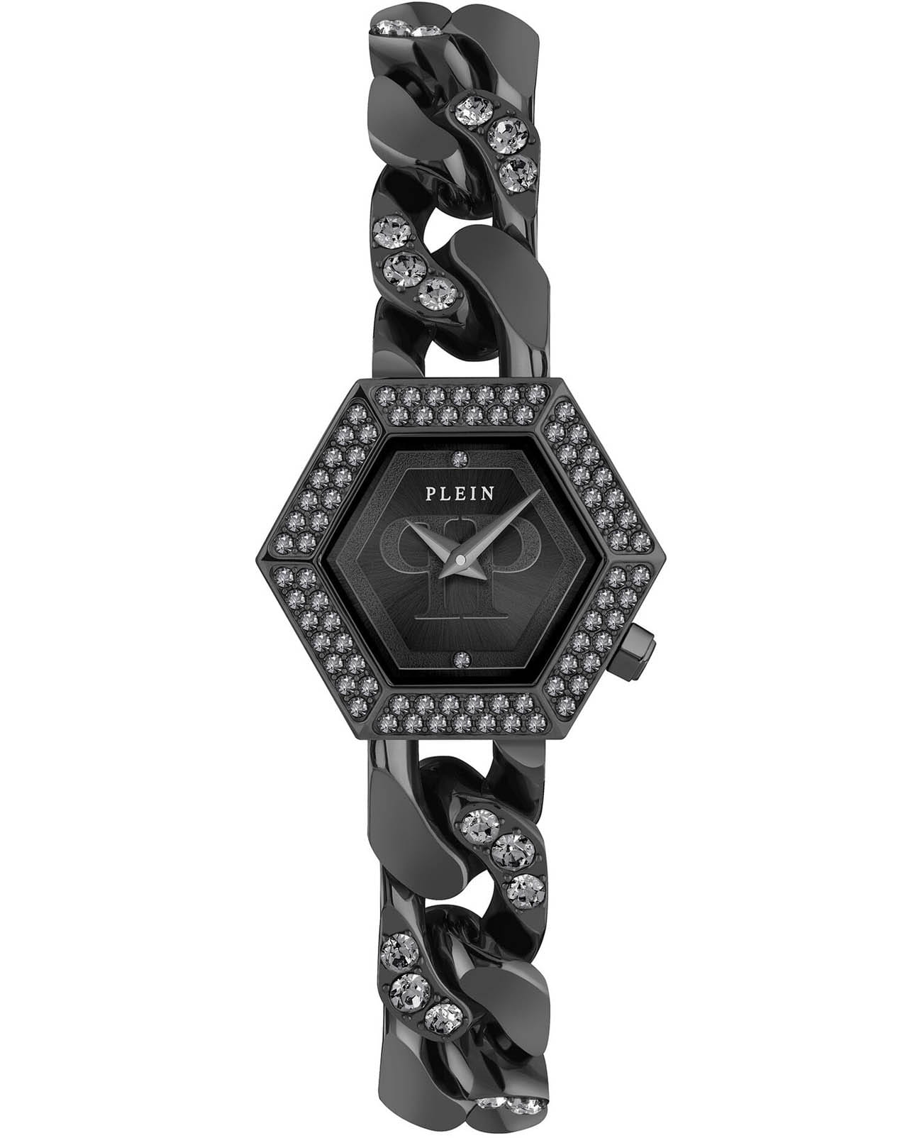 Philipp Plein Philipp Plein The Hexagon Groumette PWWBA0423  PWWBA0423 кварцевые женские часы черный циферблат, браслет нержавеющая сталь с ip-покрытием — вид спереди