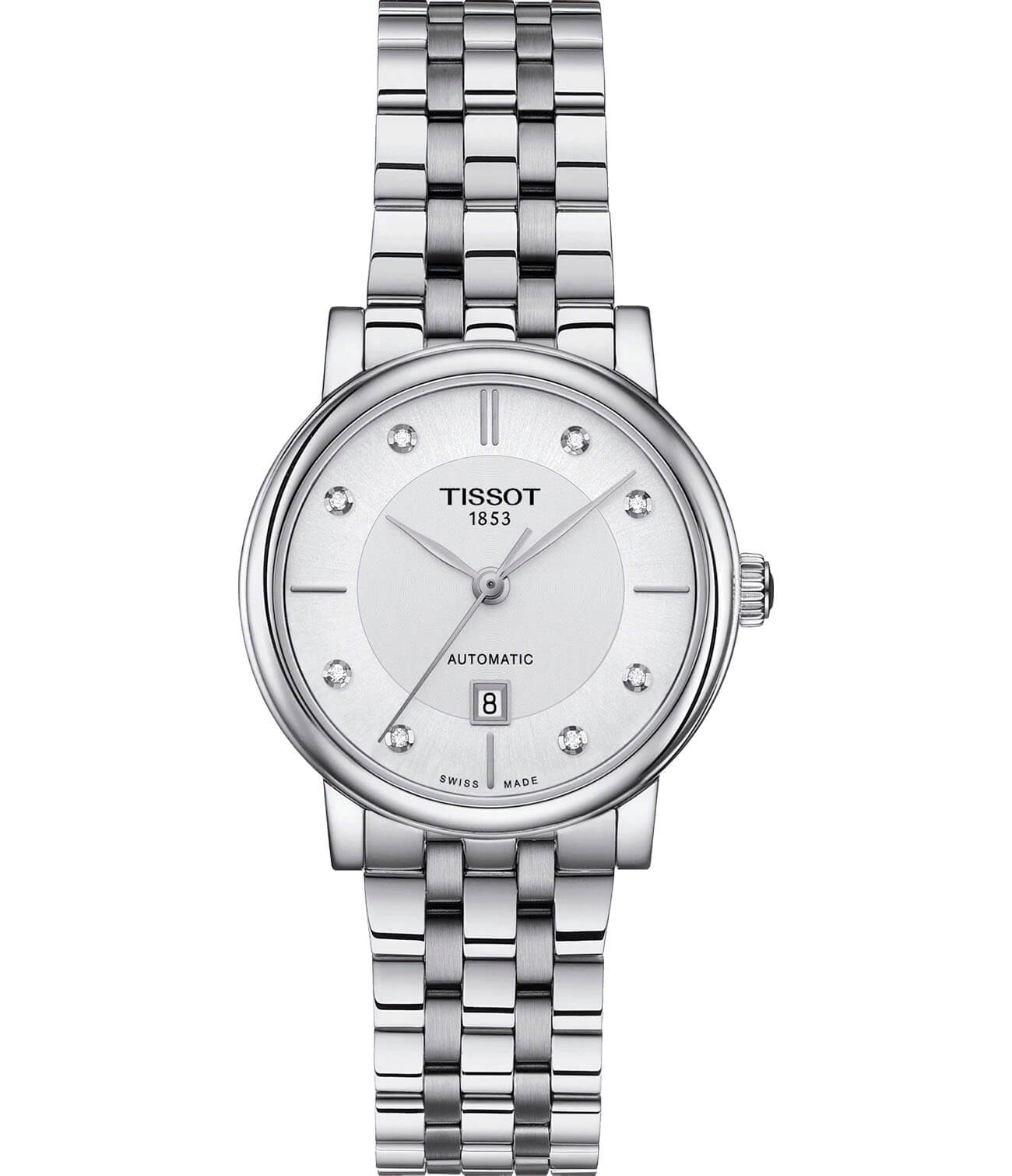 Tissot Tissot Carson Automatic Lady T122.207.11.036.00 Carson T1222071103600 механические женские часы белый циферблат, браслет нержавеющая сталь — вид спереди