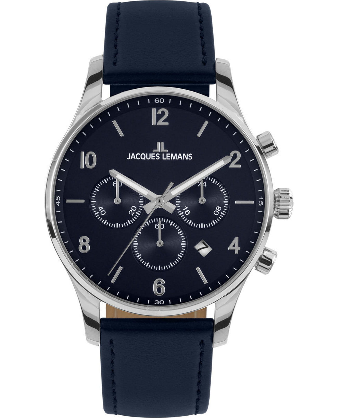 Jacques Lemans Jacques Lemans Classic 1-2126C  1-2126C кварцевые мужские часы синий циферблат, браслет кожаный — вид спереди