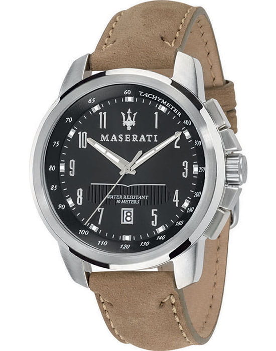 Maserati Maserati R8851121004  R8851121004 кварцевые мужские часы черный циферблат, браслет кожаный — вид спереди