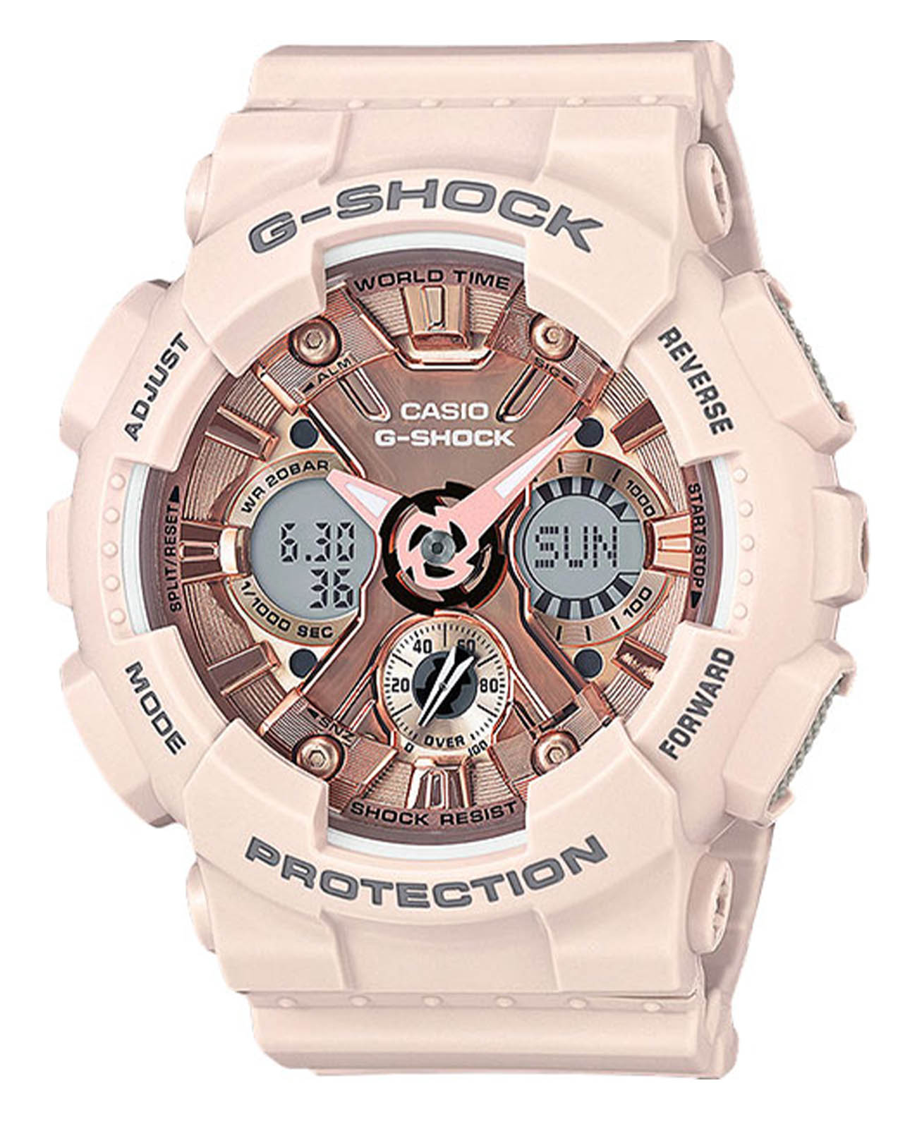 Casio Casio G-Shock GMA-S120MF-4ADR (GMA-S120MF-4A)  GMA-S120MF-4A электронные женские часы золотой циферблат, браслет пластик — вид спереди