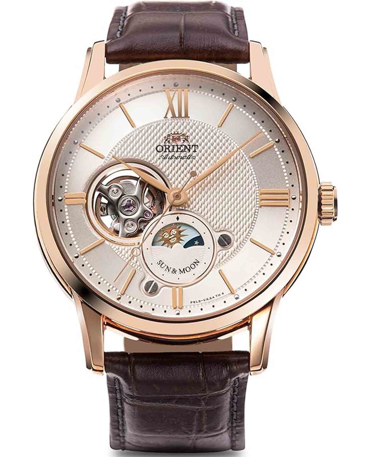 Orient Orient Sun & Moon RA-AS0002S (RN-AS0002S)  RA-AS0002S механические мужские часы белый циферблат, браслет кожаный — вид спереди