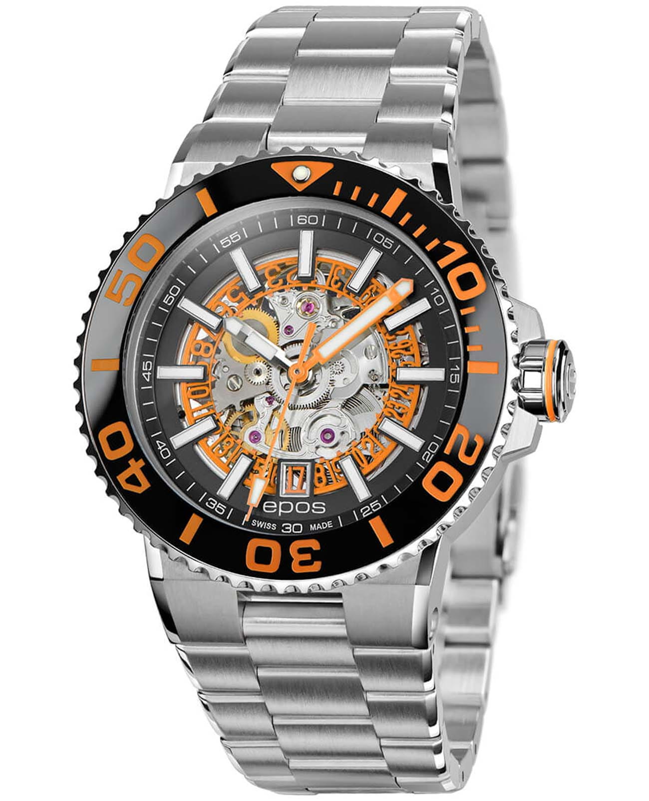 Epos Epos Sportive 3441.135.99.15.30  3441.135.99.15.30 механические мужские часы оранжевый циферблат, браслет нержавеющая сталь — вид спереди