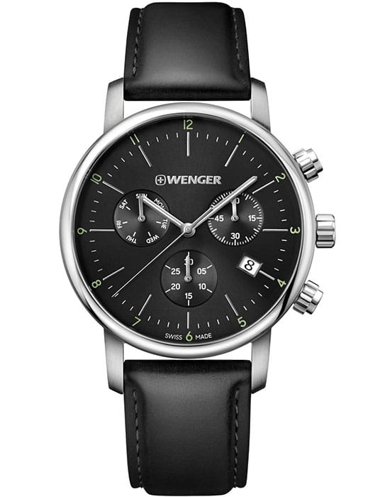 Wenger Urban classic 01.1743.102  01.1743.102 кварцевые мужские часы черный циферблат, браслет кожаный — вид спереди