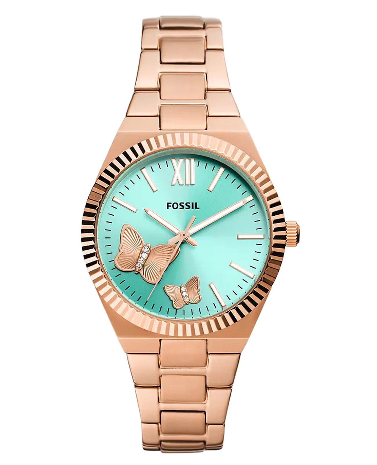 Fossil Fossil Scarlette ES5277  ES5277 кварцевые женские часы голубой циферблат, браслет нержавеющая сталь с ip-покрытием — вид спереди