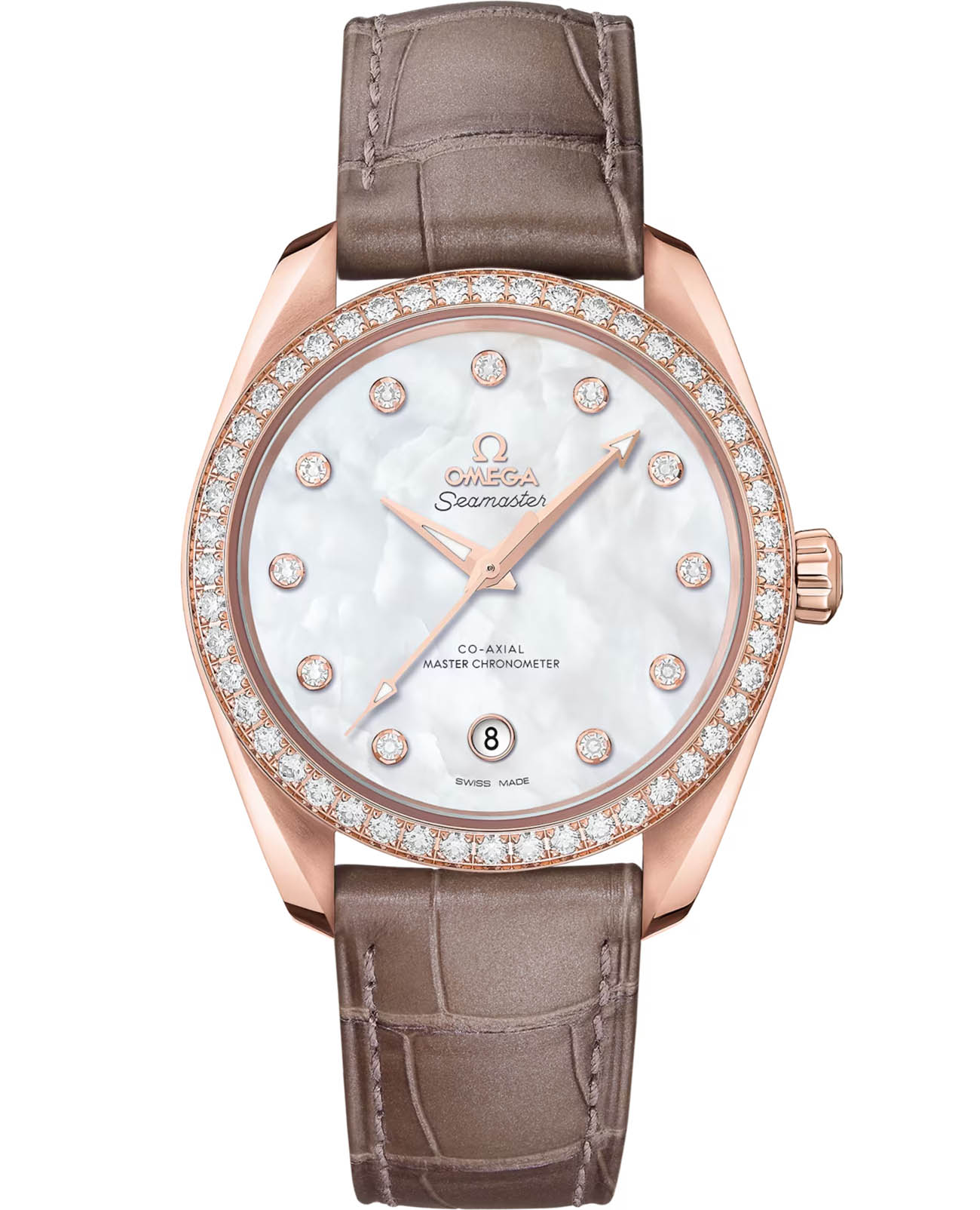 Omega Omega Seamaster Aqua Terra 220.58.38.20.55.001 Aqua Terra 22058382055001 механические женские часы белый циферблат, браслет кожаный — вид спереди