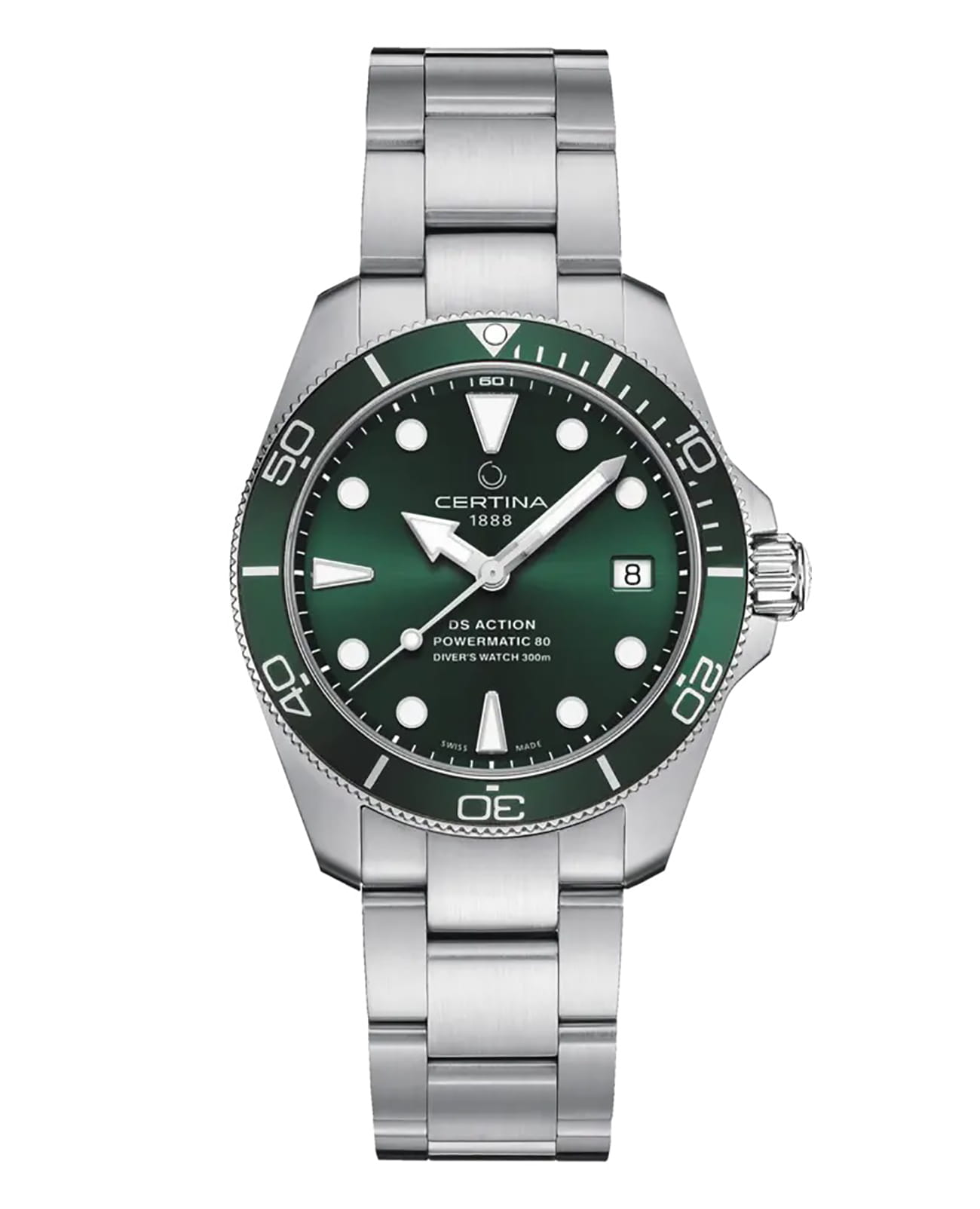 Certina Certina DS Action Diver Powermatic C032.807.11.091.00 DS Action C0328071109100 механические мужские часы зеленый циферблат, браслет нержавеющая сталь — вид спереди