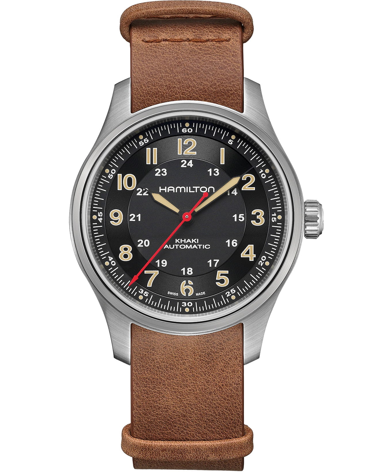 Hamilton Hamilton Khaki Field Titanium Far Cry® 6 H70645533  H70645533 механические мужские часы черный циферблат, браслет кожаный — вид спереди