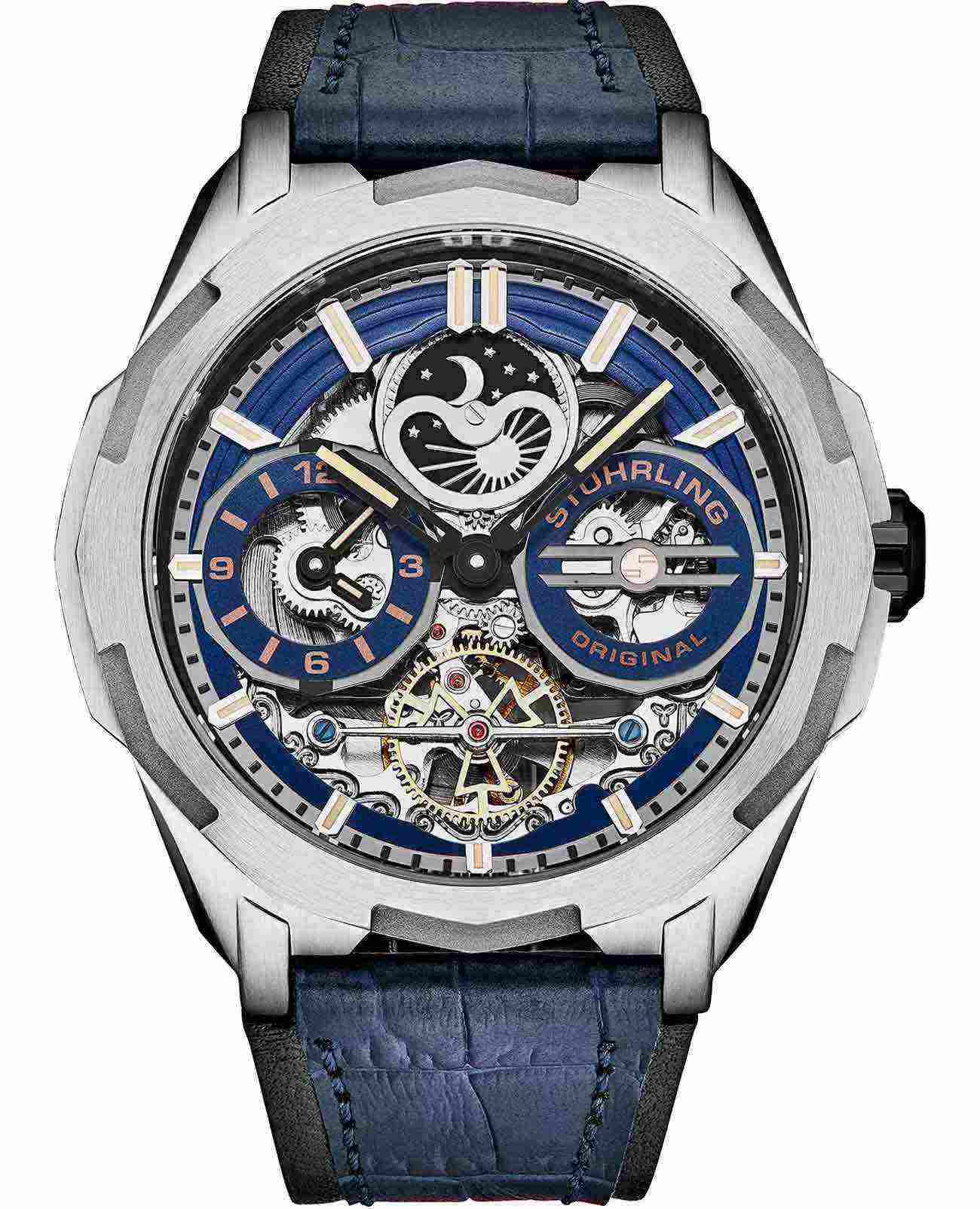 Stuhrling Stuhrling Navigator 1012.03  1012.03 механические мужские часы синий циферблат, браслет кожаный — вид спереди