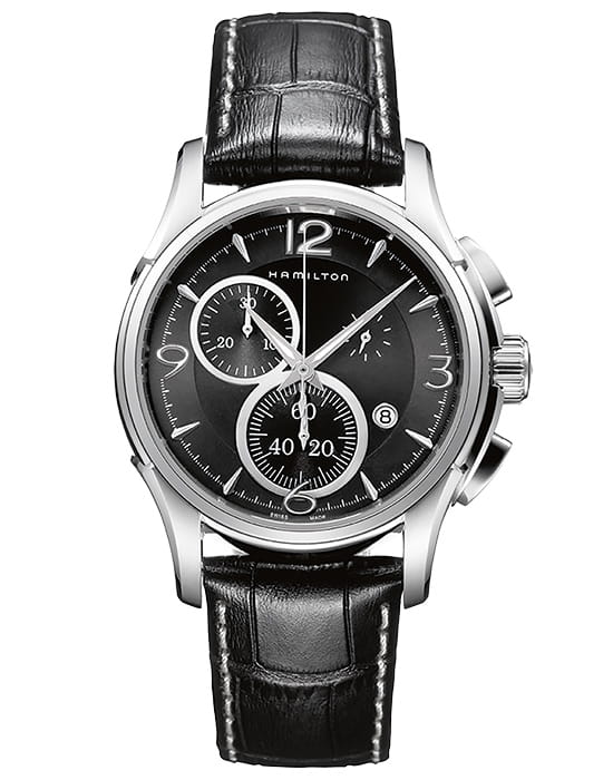 Hamilton Hamilton Jazzmaster Chrono Quartz H32612735   H32612735 кварцевые мужские часы черный циферблат, браслет кожаный — вид спереди