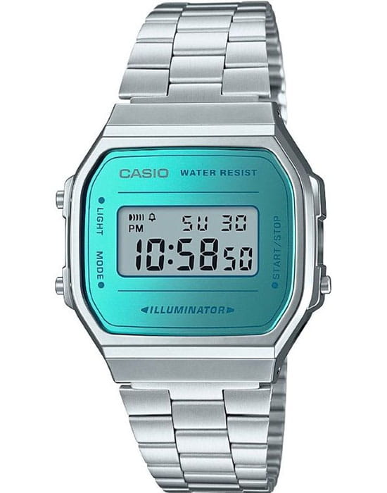 Casio Casio Collection A-168WEM-2  A-168WEM-2E кварцевые мужские часы голубой циферблат, браслет нержавеющая сталь — вид спереди