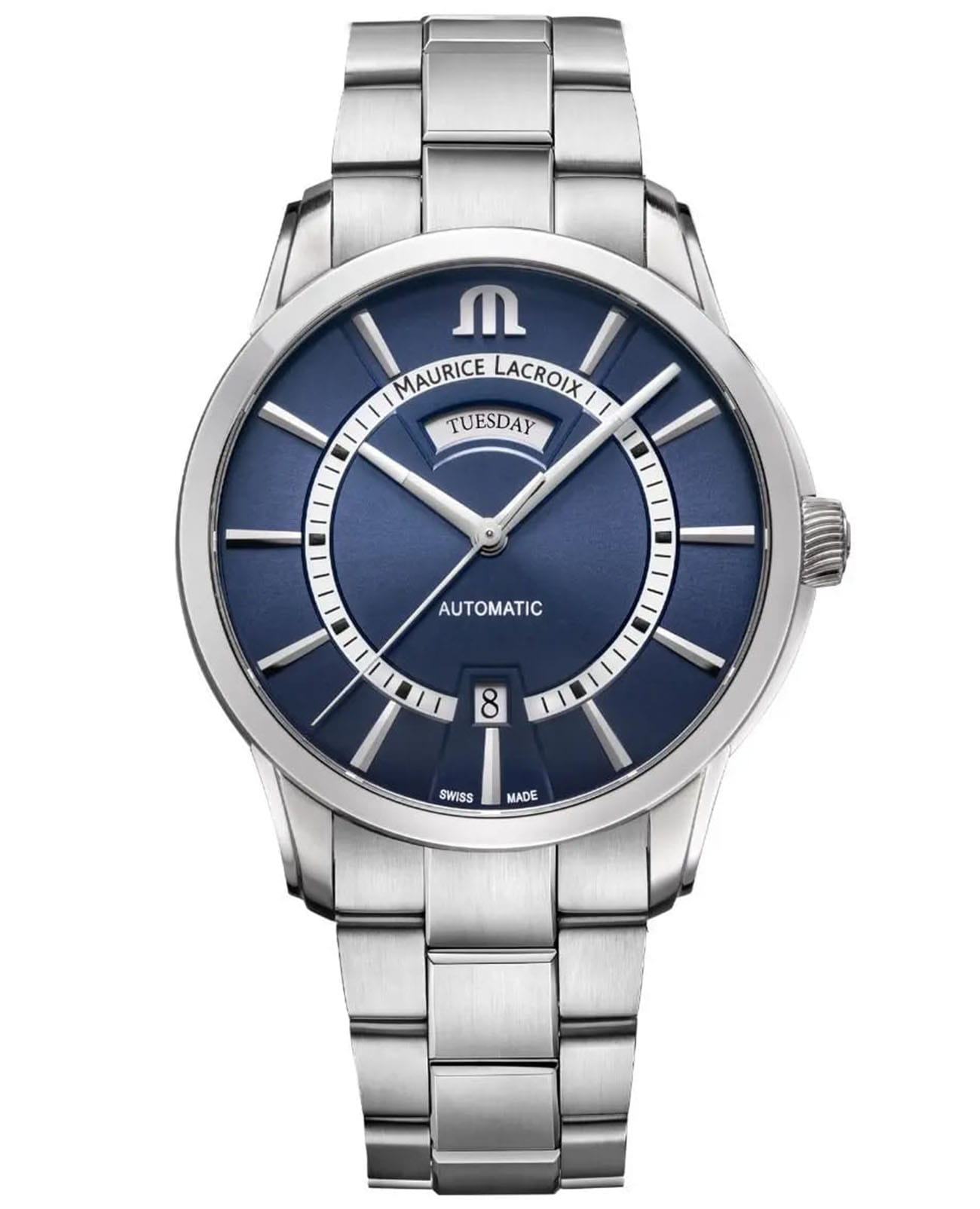 Maurice Lacroix Maurice Lacroix Pontos Day Date PT6358-SS002-431-1  PT6358-SS002-431-1 механические мужские часы синий циферблат, браслет нержавеющая сталь — вид спереди