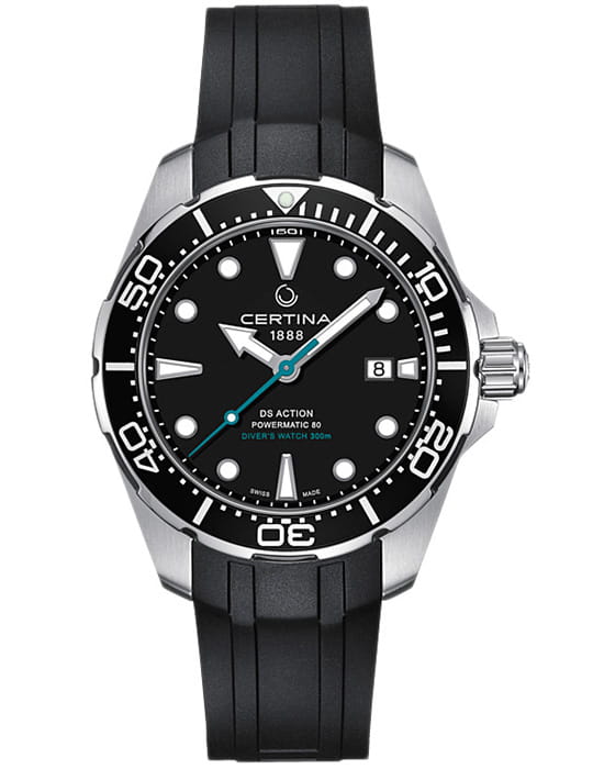 Certina Certina DS Action Diver Powermatic 80 C032.407.17.051.60 DS Action C0324071705160 механические мужские часы черный циферблат, браслет каучук — вид спереди