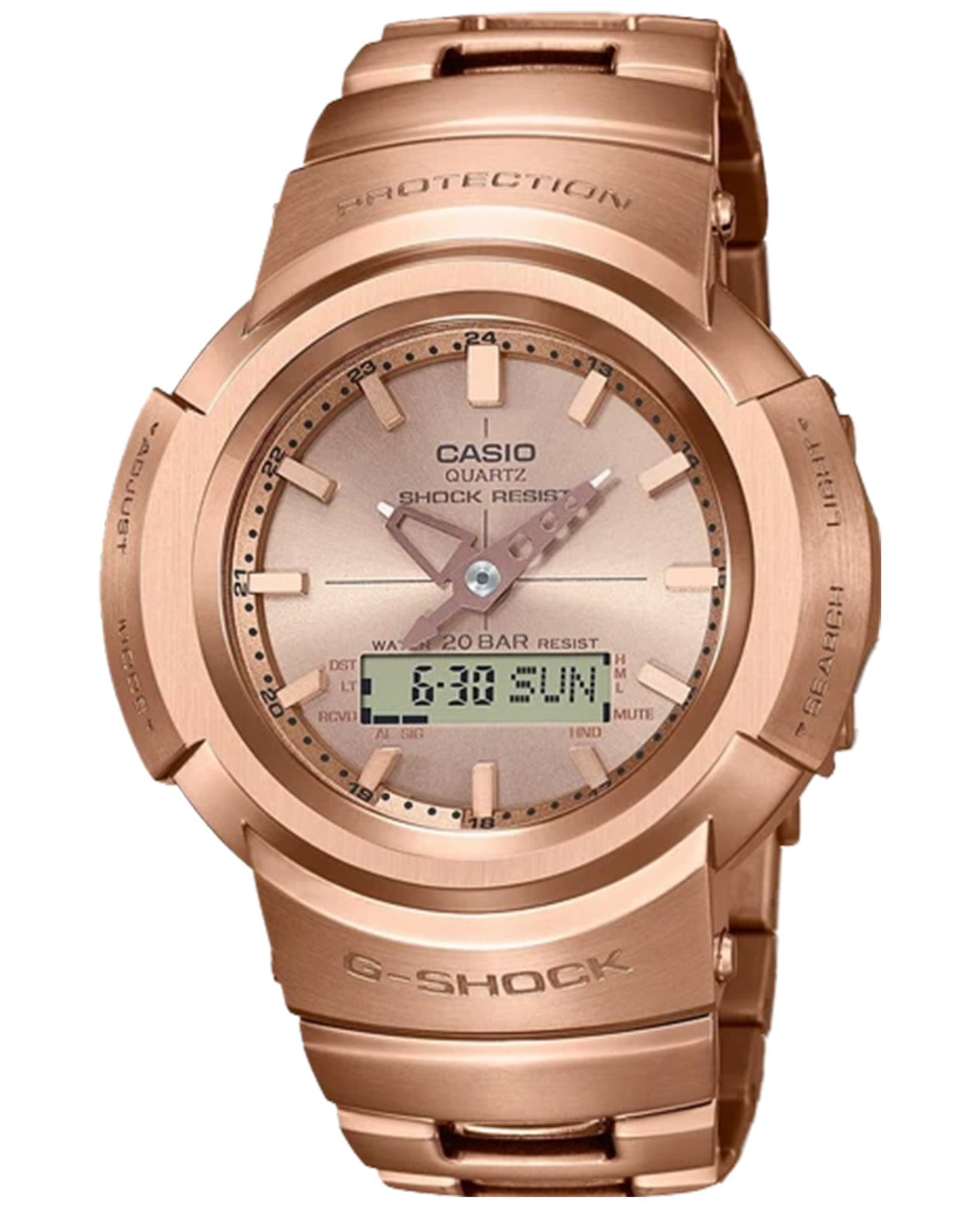 Casio Casio G-Shock AWM-500GD-4ADR  AWM-500GD-4ADR электронные мужские часы золотой циферблат, браслет сталь с ip покрытием — вид спереди