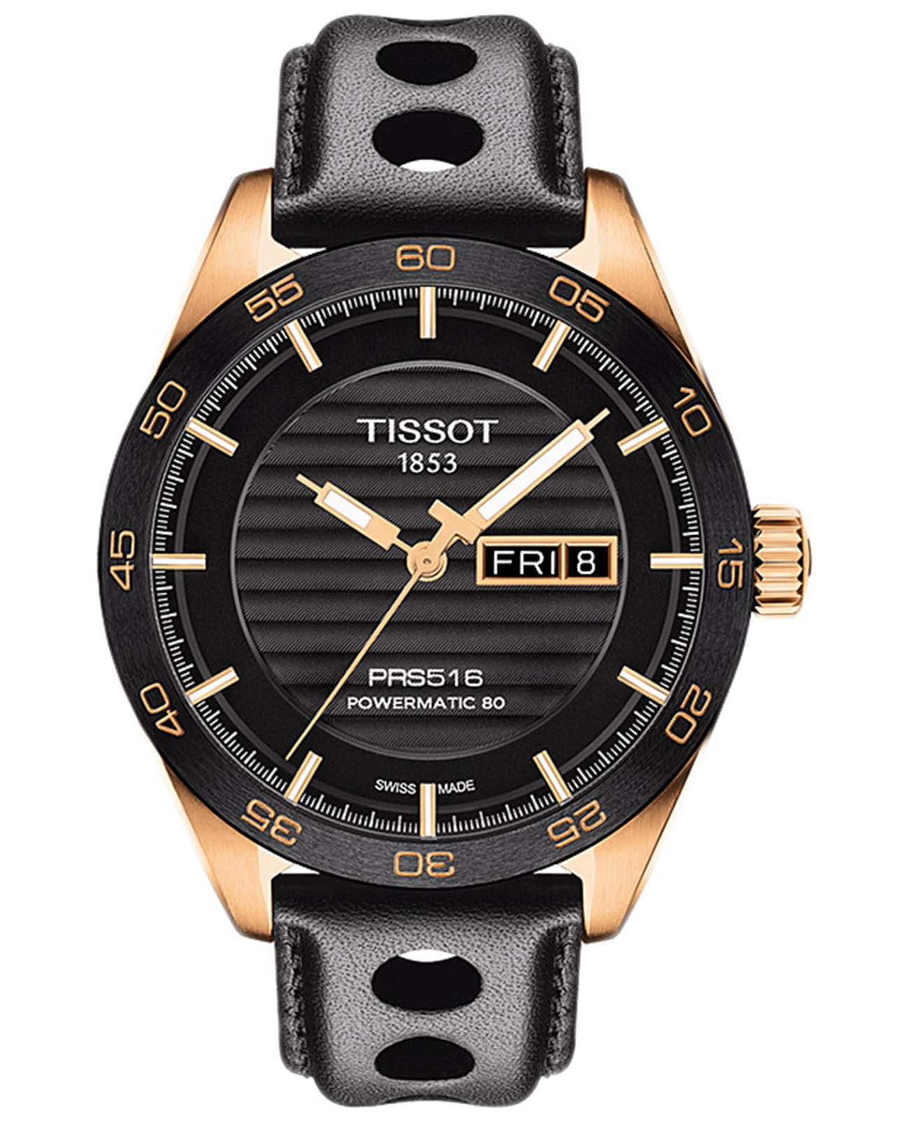 Tissot Tissot PRS 516 Powermatic 80 T100.430.36.051.00 PRS 516 T1004303605100 механические мужские часы черный циферблат, браслет кожаный — вид спереди