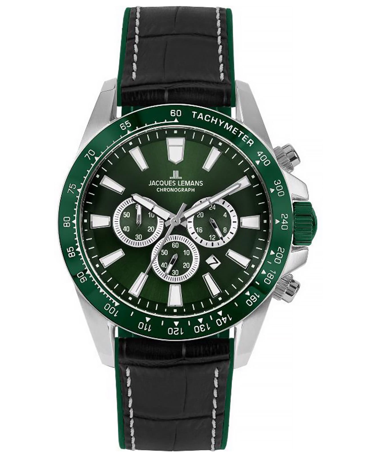 Jacques Lemans Jacques Lemans Sport 1-2140C  1-2140C кварцевые мужские часы зеленый циферблат, браслет кожаный — вид спереди