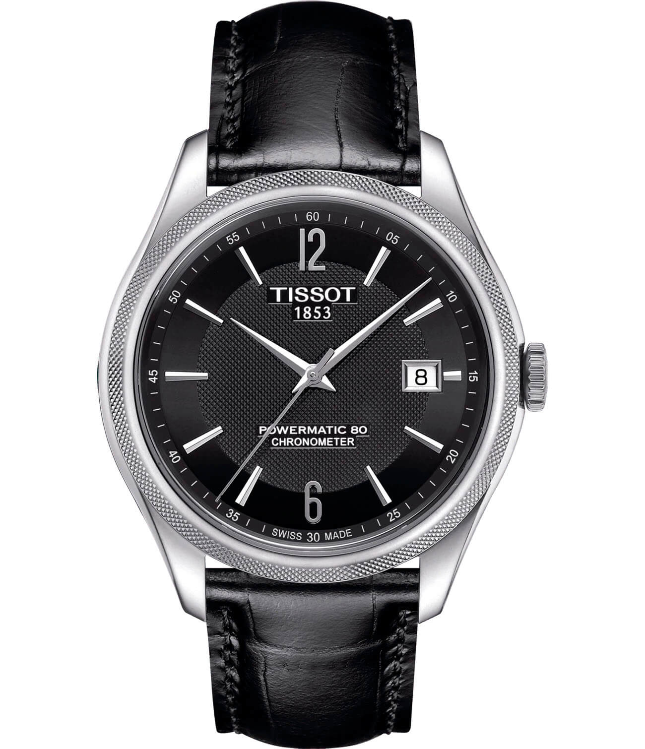 Tissot Tissot Ballade Powermatic 80 COSC T108.408.16.057.00 Ballade T1084081605700 механические мужские часы черный циферблат, браслет кожаный — вид спереди