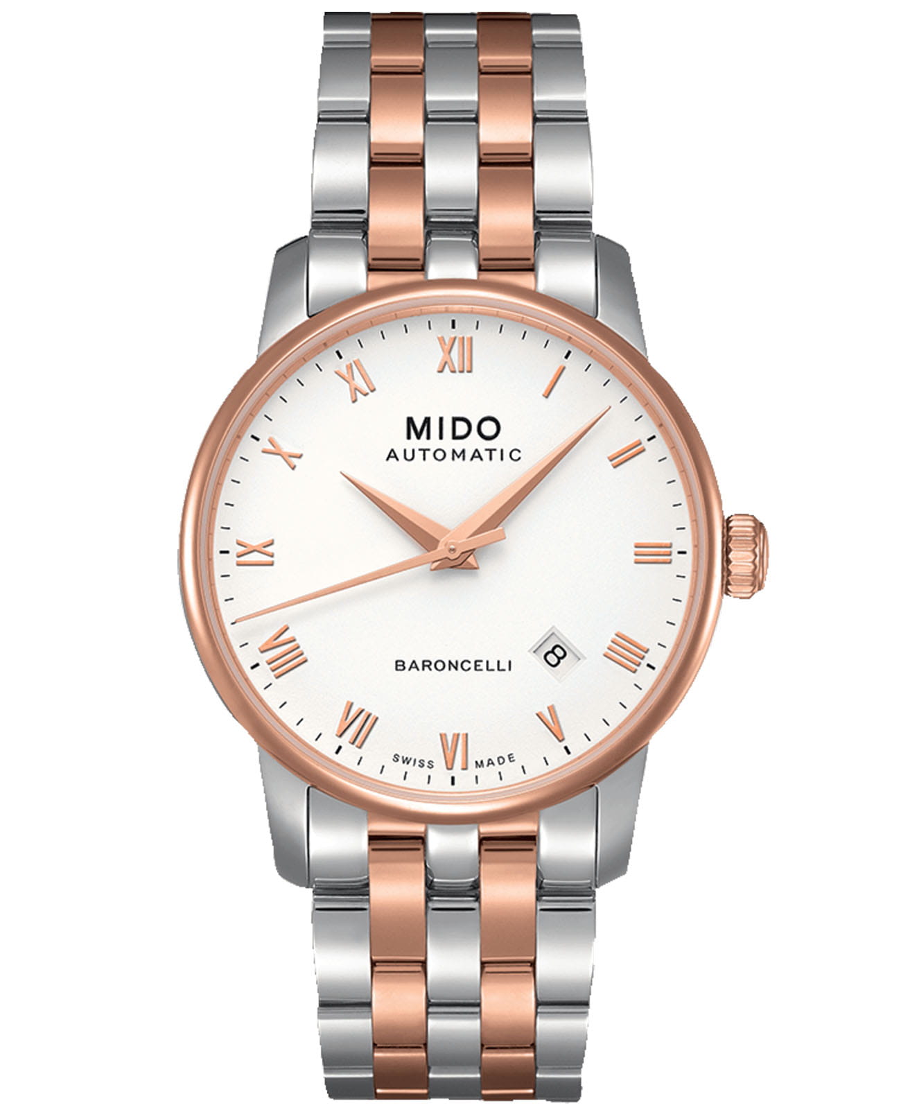Mido Mido Baroncelli Gent M8600.9.N6.1  M86009N61 механические мужские часы белый циферблат, браслет нержавеющая сталь с pvd-покрытием — вид спереди