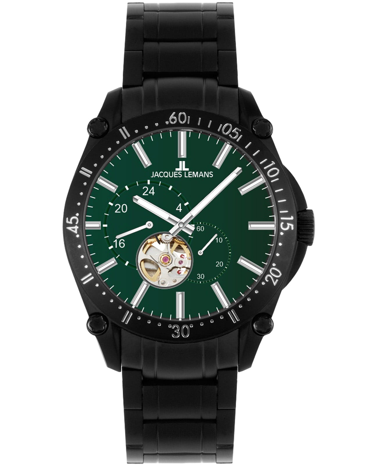 Jacques Lemans Jacques Lemans Derby 1-2201H  1-2201H механические мужские часы зеленый циферблат, браслет нержавеющая сталь с pvd-покрытием — вид спереди
