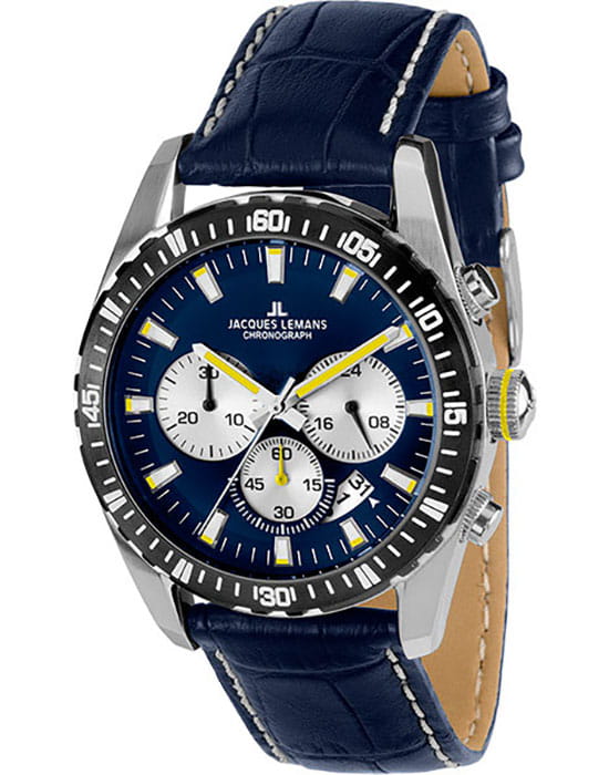 Jacques Lemans Jacques Lemans 1-1801K  1-1801K кварцевые мужские часы синий циферблат, браслет кожаный — вид спереди