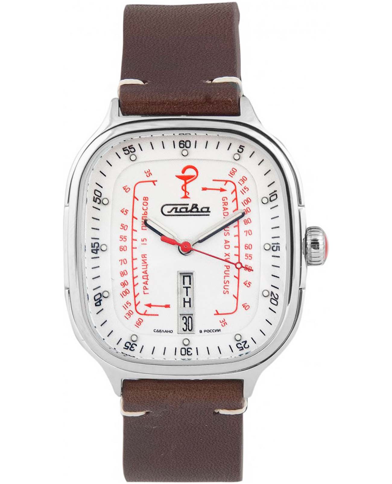 Слава Слава Доктор 3260716/300-8205  3260716/300-8205 механические мужские часы белый циферблат, браслет кожаный — вид спереди