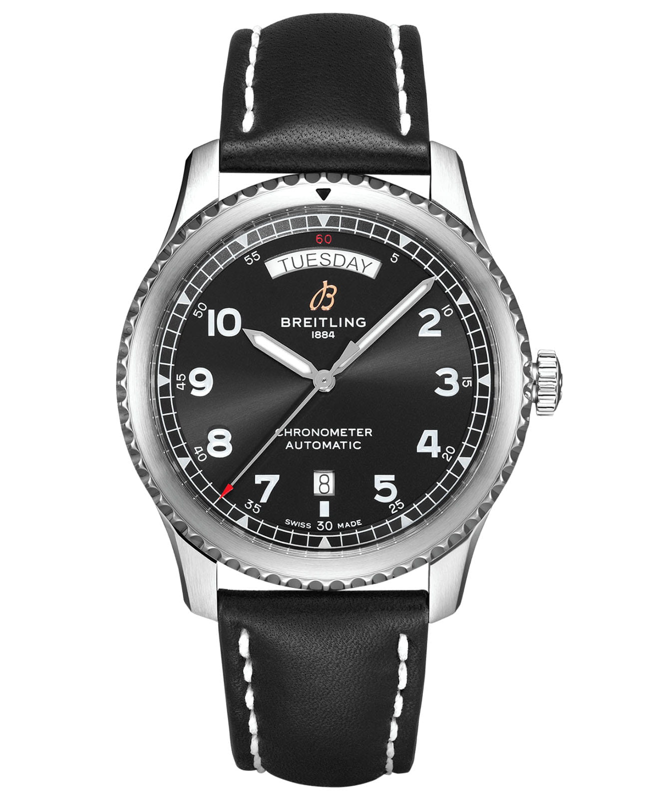 Breitling Breitling Aviator 8 Automatic Day & Date 41 A45330101B1X2  A45330101B1X2 механические мужские часы черный циферблат, браслет кожаный — вид спереди
