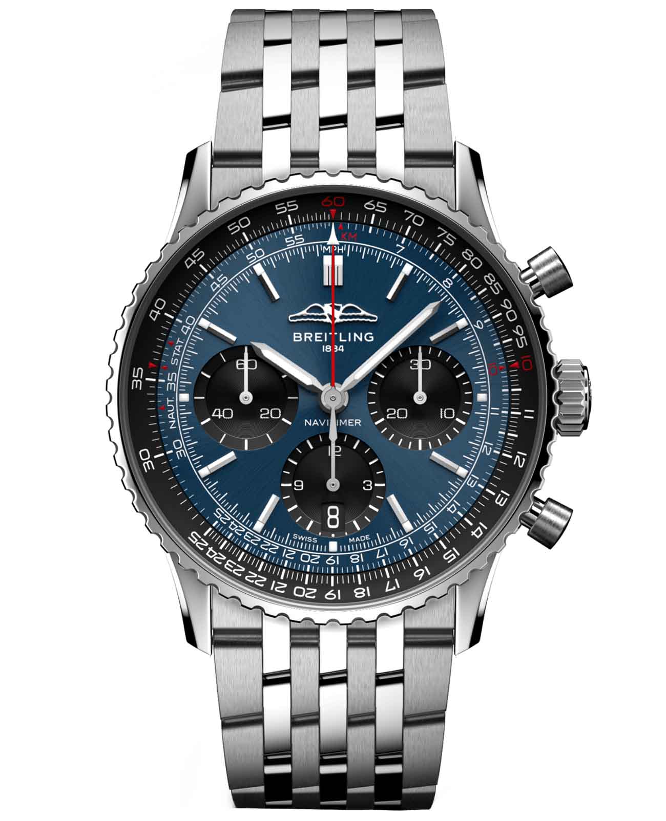 Breitling Breitling Navitimer B01 Chronograph 41 AB0139241C1A1  AB0139241C1A1 механические мужские часы синий циферблат, браслет нержавеющая сталь — вид спереди