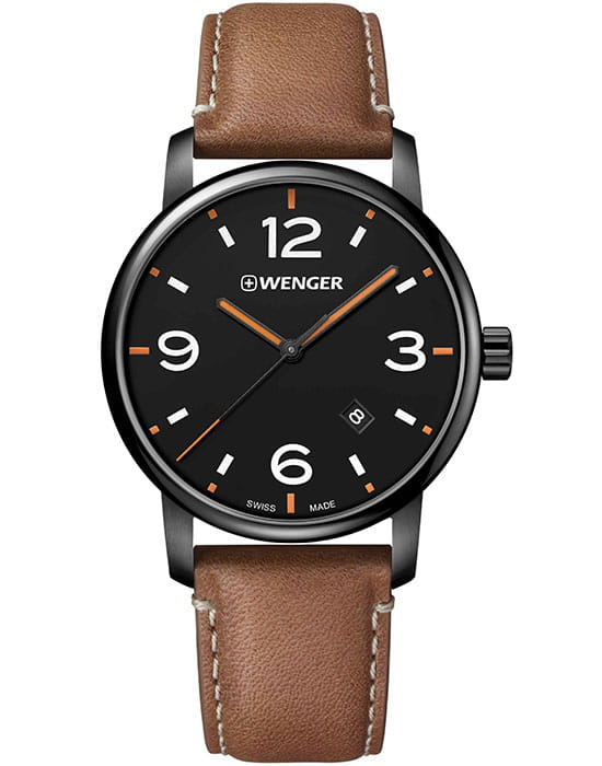 Wenger 01.1741.134  01.1741.134 кварцевые мужские часы черный циферблат, браслет кожаный — вид спереди