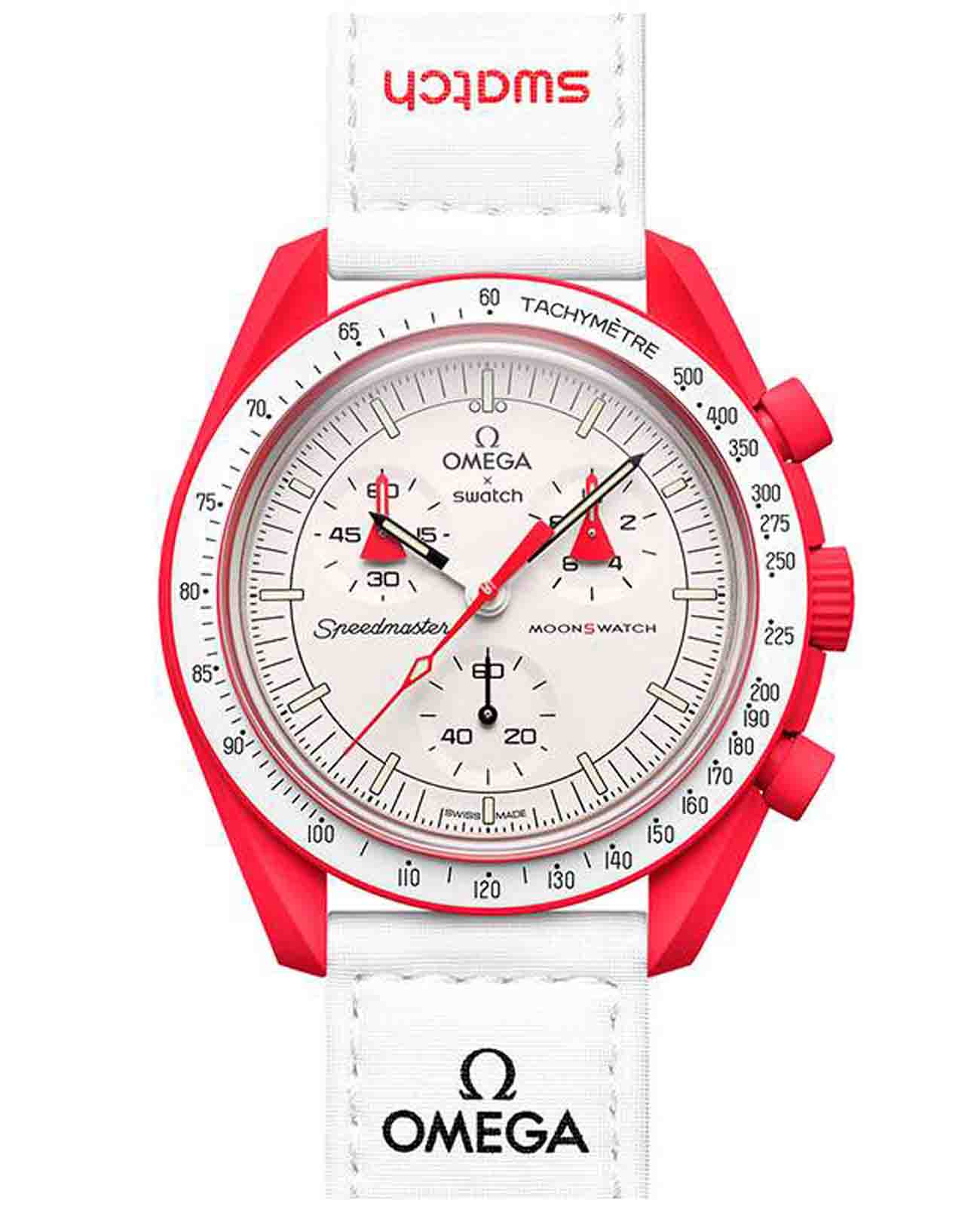 Swatch Swatch x Omega Bioceramic Moonswatch Mission to Mars SO33R100  SO33R100 кварцевые женские часы белый циферблат, браслет нейлон — вид спереди