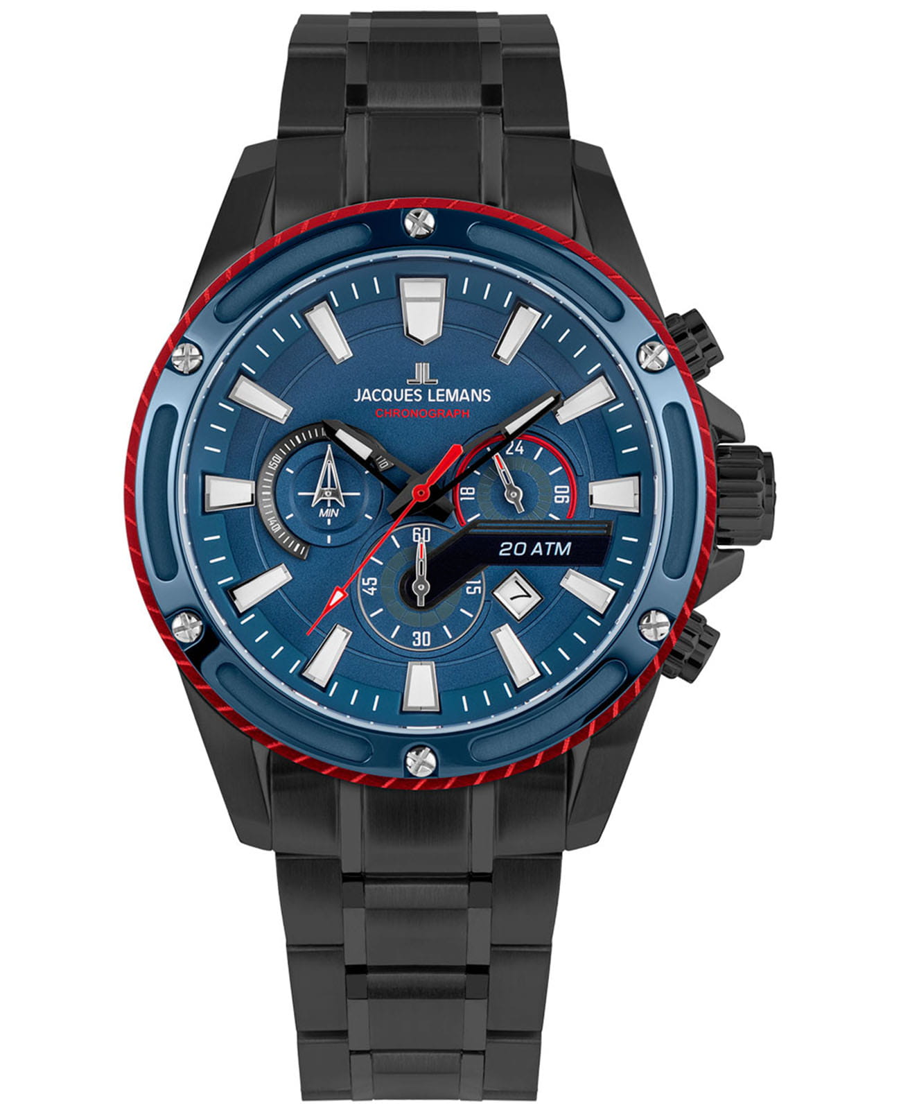 Jacques Lemans Jacques Lemans Liverpool 1-2141G  1-2141G кварцевые мужские часы синий циферблат, браслет нержавеющая сталь с pvd-покрытием — вид спереди