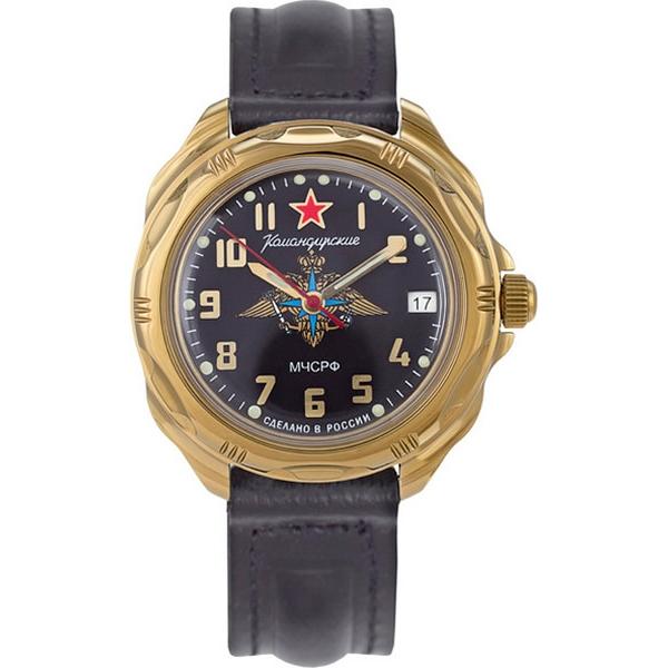 Восток Восток командирские 219639  219639 механические мужские часы черный циферблат, браслет кожаный — вид спереди