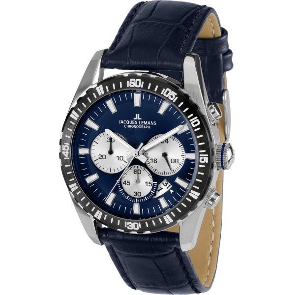 Jacques Lemans Jacques Lemans 1-1801J  1-1801J кварцевые мужские часы синий циферблат, браслет кожаный — вид спереди