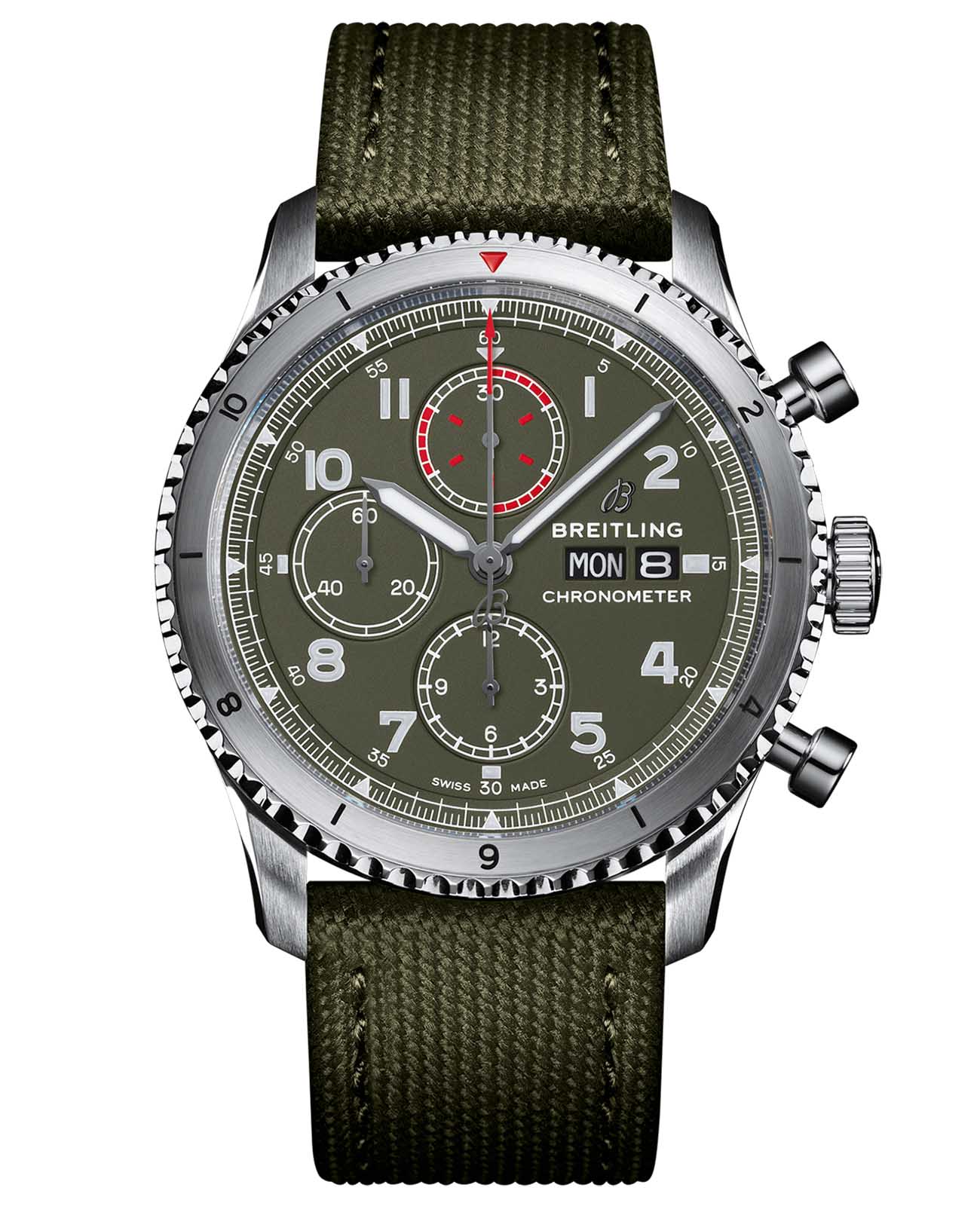 Breitling Breitling Aviator 8 Chronograph 43 Curtiss Warhawk A133161A1L1X2  A133161A1L1X2 механические мужские часы зеленый циферблат, браслет кожаный — вид спереди