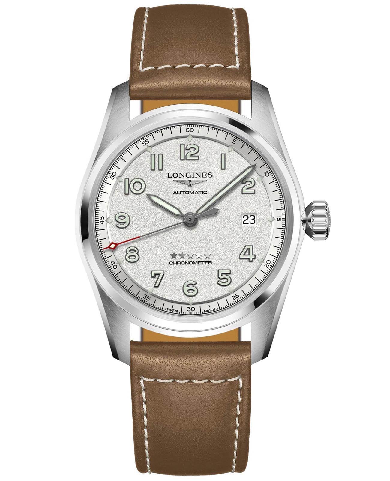 Longines Longines Spirit L3.810.4.73.4  L38104734 механические мужские часы серебристый циферблат, браслет кожаный — вид спереди
